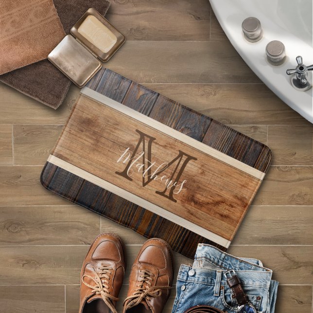 Alfombrilla De Baño Monograma de franja de tono de madera rústica marr (Subido por el creador)