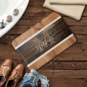 Alfombrilla De Baño Monograma de franja de tono de madera rústica Tan