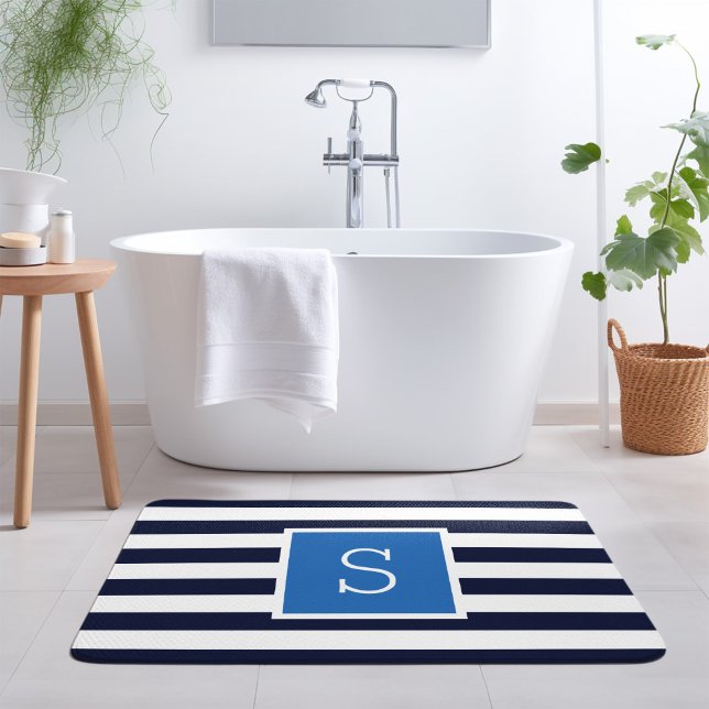 Alfombrilla De Baño Monograma de franjas azul y marina (Subido por el creador)