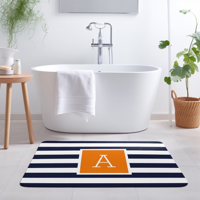Alfombrilla De Baño Monograma de franjas de naranja y marina (Subido por el creador)