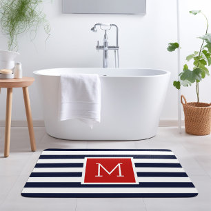 Alfombrilla De Baño Monograma de franjas rojas y navales