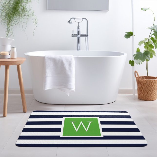 Alfombrilla De Baño Monograma de franjas verdes y navales (Subido por el creador)