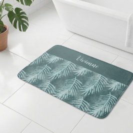 Alfombrilla De Baño Monograma de hoja tropical acuarela boho azul verd