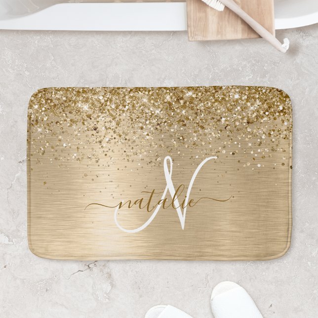 Alfombrilla De Baño Monograma de impresión Metalizado con pincel de or (A glamorous gold brushed metal glitter bath mat with your name and monogram)