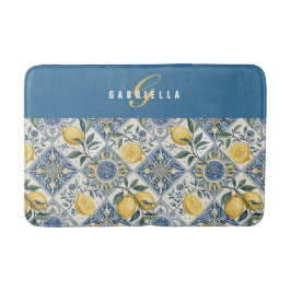 Alfombrilla De Baño Monograma de Limón Acuarela Azul Amarillo