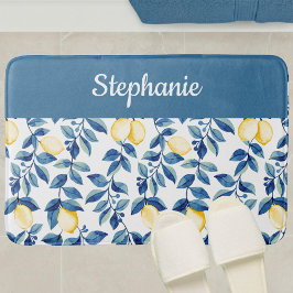 Alfombrilla De Baño Monograma de limón acuarela azul amarillo