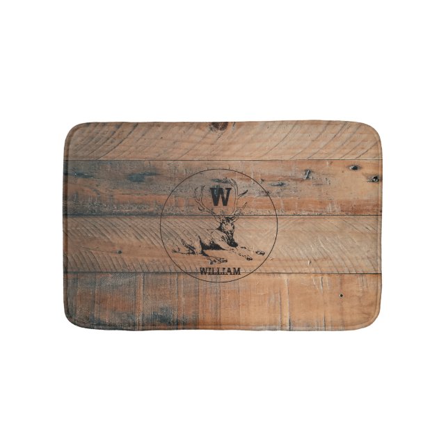 Alfombrilla De Baño Monograma de madera rústica personalizado (Anverso)