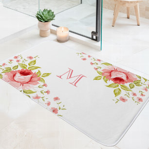 Alfombrilla De Baño Monograma de Motivo de Esquina de Rosas Rosadas Ch