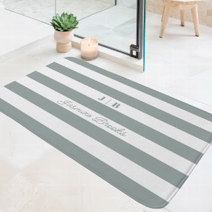 Alfombrilla De Baño Monograma de nombre con rayas anchas de verde salv