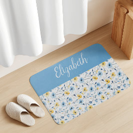 Alfombrilla De Baño Monograma de nombre de flor silvestre acuarela azu