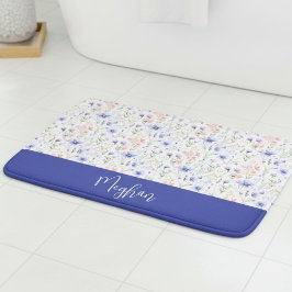 Alfombrilla De Baño Monograma de nombre de flor silvestre acuarela azu