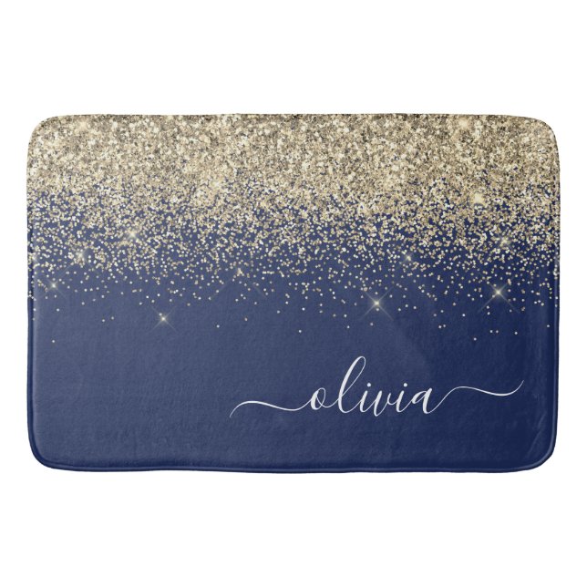 Alfombrilla De Baño Monograma de nombre femenino con brillo azul marin (Anverso)