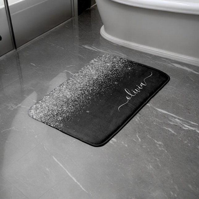 Alfombrilla De Baño Monograma de nombre femenino con brillo plateado y (Subido por el creador)