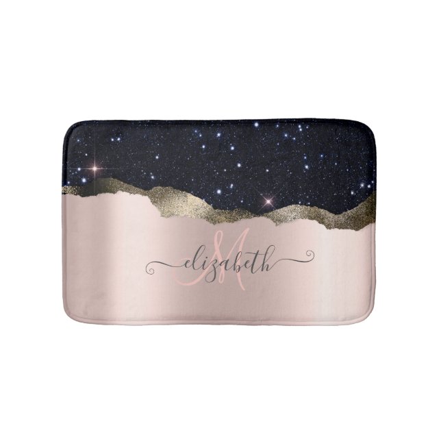 Alfombrilla De Baño Monograma de oro Rosa de Purpurina negro moderno (Anverso)