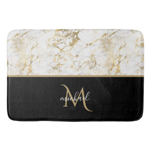 Alfombrilla De Baño Monograma de oro y mármol negro Elegante lujo