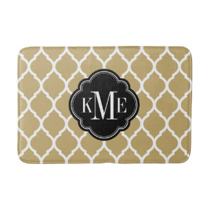 Alfombrilla De Baño Monograma de oro y quatrefoil marroquí negro