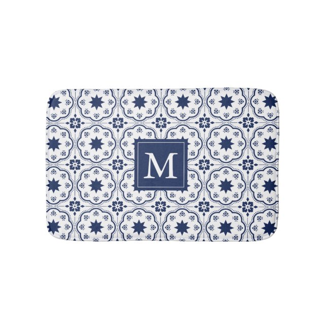Alfombrilla De Baño Monograma de patrón floral marroquí blanco y moda (Anverso)