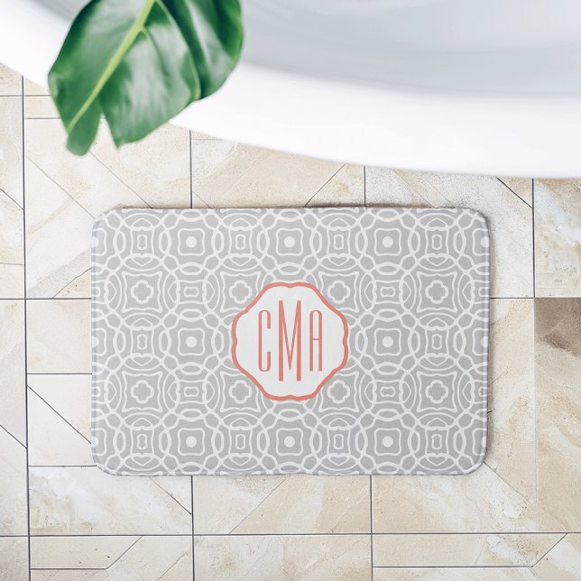 Alfombrilla De Baño Monograma de quatrefoil coral y gris (Subido por el creador)