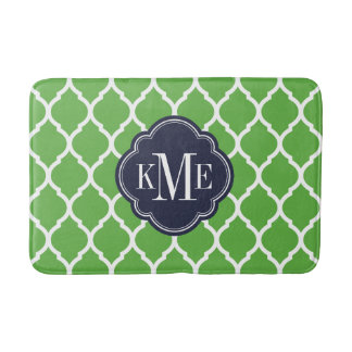 Alfombrilla De Baño Monograma de quatrefoil verde y naval marroquí
