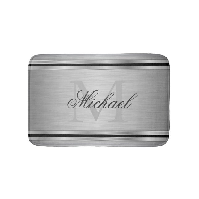 Alfombrilla De Baño Monograma del patrón metálico gris plateado (Anverso)