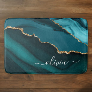 Alfombrilla De Baño Monograma dorado de geoda de ágata verde azul acuá