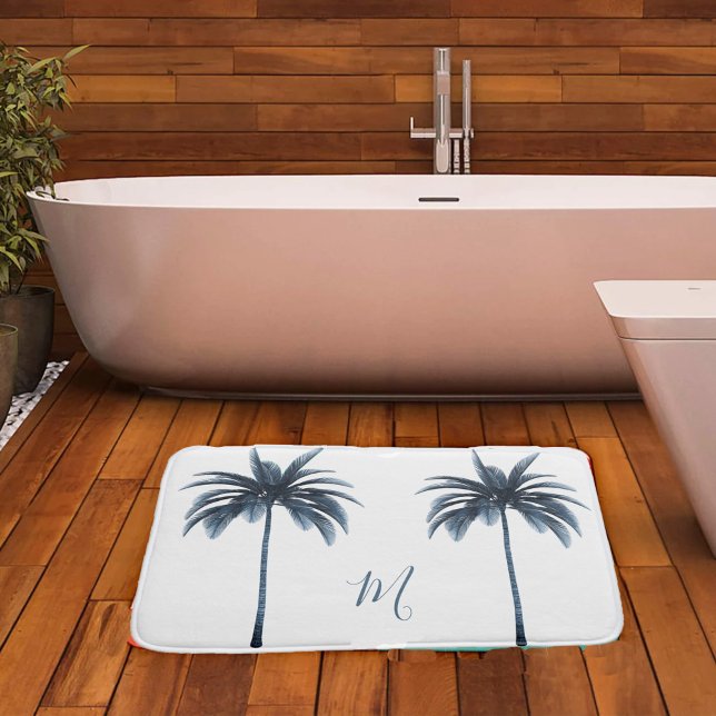 Alfombrilla De Baño Monograma elegante de árbol de palmas azul tropica (Subido por el creador)