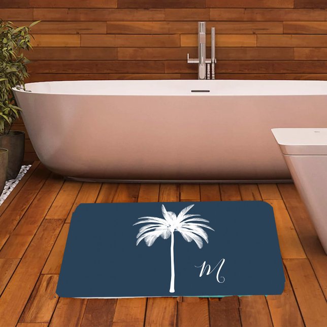 Alfombrilla De Baño Monograma elegante del árbol de palmeras blancas t (Subido por el creador)