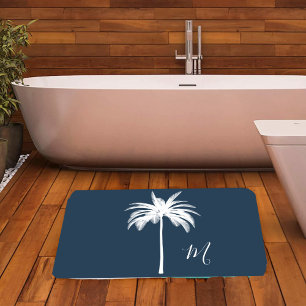 Alfombrilla De Baño Monograma elegante del árbol de palmeras blancas t