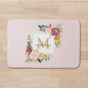 Alfombrilla De Baño Monograma Elegante Rosas Florales Botánicas Acuare