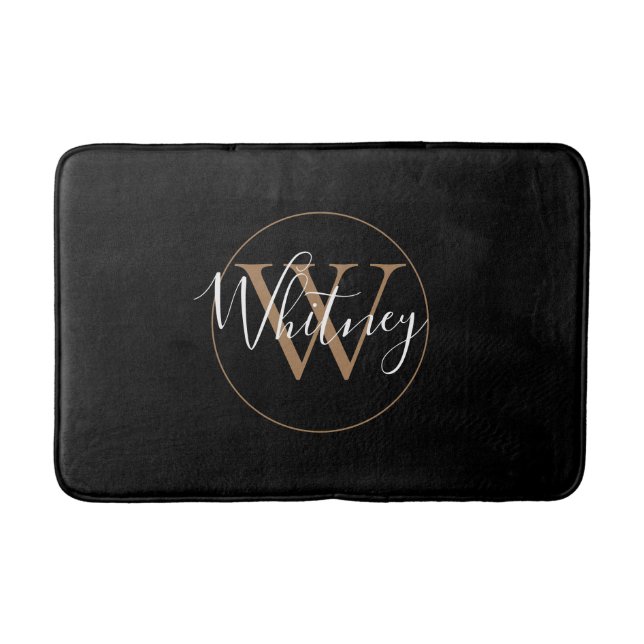 Alfombrilla De Baño Monograma estilo Script Nombre Oro Negro  (Anverso)