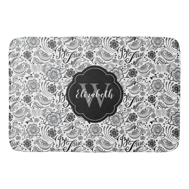 Alfombrilla De Baño Monograma floral blanco y negro elegante (Anverso)