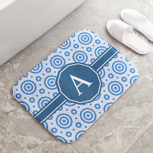 Alfombrilla De Baño Monograma geométrico moderno simple azul y blanco (Subido por el creador)