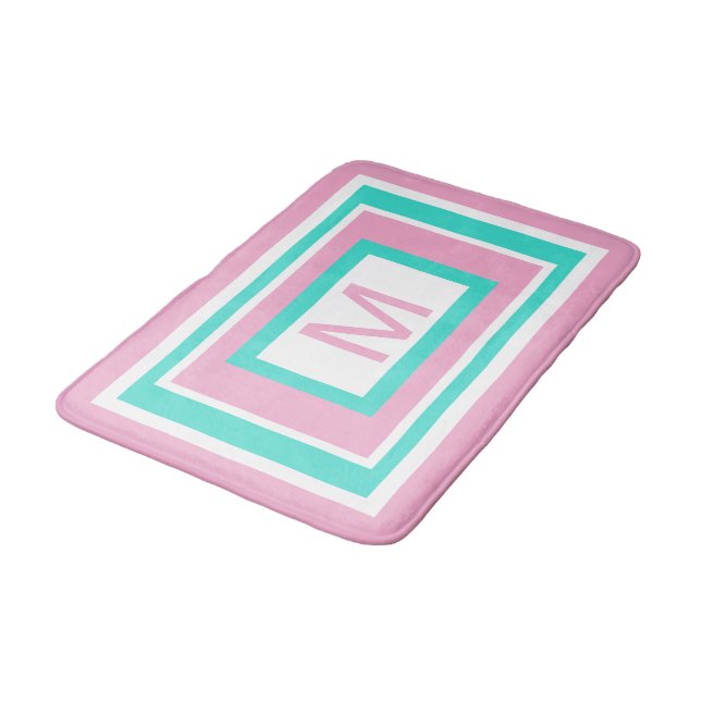 Alfombrilla De Baño Monograma Geométrico Turquesa Rosa (Angular)