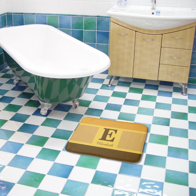 Alfombrilla De Baño Monograma marrón amarillo elegante y moderno a ray (A unique monogramed bath mat to add a touch of luxury to bath time.)