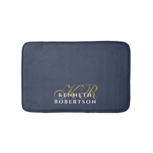 Alfombrilla De Baño Monograma Minimalista Azul Marino Polvo Oro Blanco