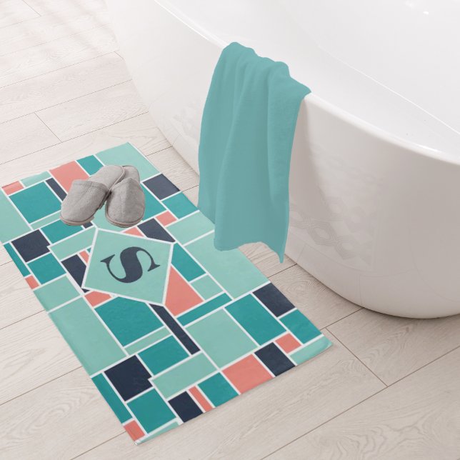 Alfombrilla De Baño Monograma Mint Green Coral Geometría (Subido por el creador)