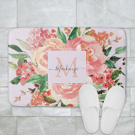 Alfombrilla De Baño Monograma Moderna Floral Rosa Claro Primavera