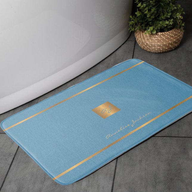 Alfombrilla De Baño Monograma moderno elegante purpurina azul y oro (Subido por el creador)