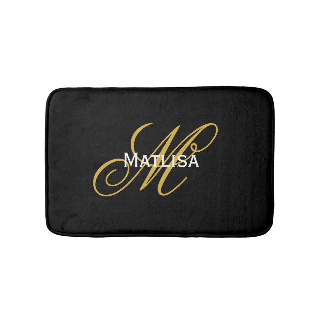 Alfombrilla De Baño Monograma moderno negro y oro (Anverso)