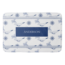 Alfombrilla De Baño Monograma náutico Ballenas y pulpo marina Blanco