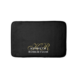 Alfombrilla De Baño Monograma Negro Dorado Blanco Minimalista Hombres 