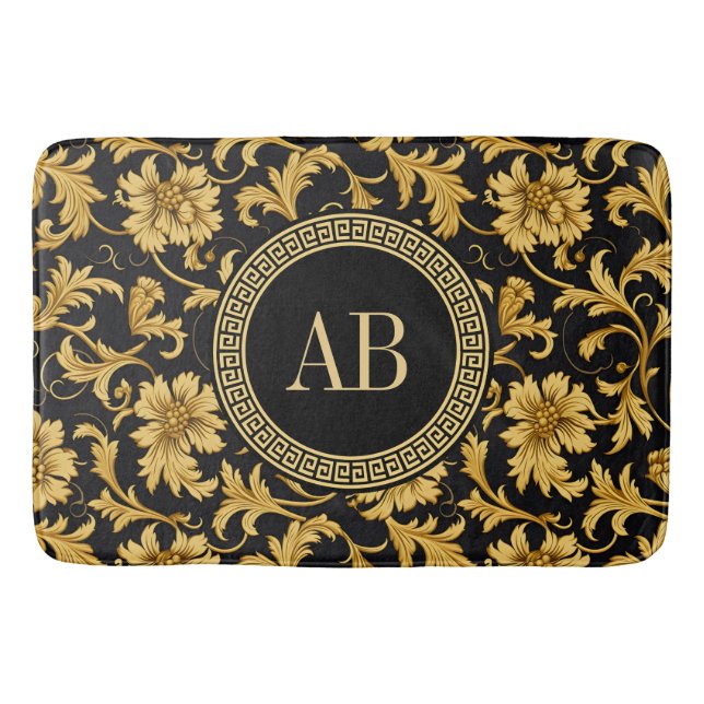 Alfombrilla De Baño Monograma Oro Negro Clásico Patrón Elegante (Anverso)