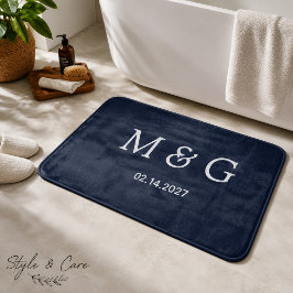 Alfombrilla De Baño Monograma Personalizado Fecha Azul Marino Elegante