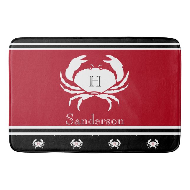 Alfombrilla De Baño Monograma Rojo Negro Blanco Cangrejo Nautical Kitc (Anverso)