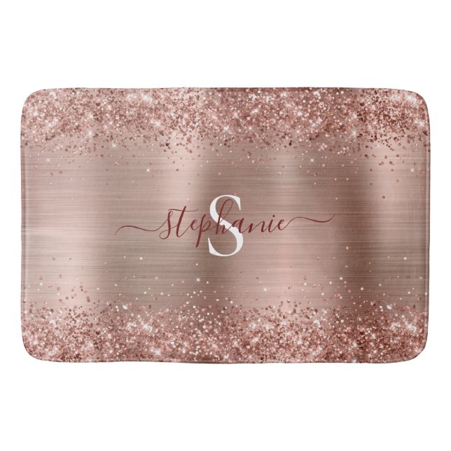 Alfombrilla De Baño Monograma Rosa Faux-Purpurina Girly Glam (Anverso)