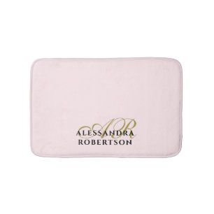 Alfombrilla De Baño Monograma Rosa Pastel Dorado Negro Minimalista Ele