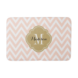 Alfombrilla De Baño Monograma Rubor Rosa y Gold Chevron