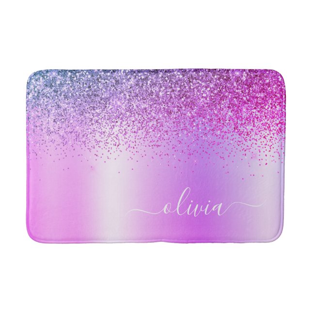 Alfombrilla De Baño Monograma Script Purple Purpurina Giratorio Nombre (Anverso)