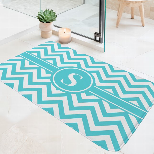 Alfombrilla De Baño Monograma Turquesa Y Chevron Blanco (Subido por el creador)
