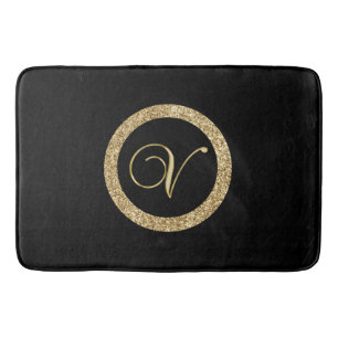 Alfombrilla De Baño Monograma V, guión dorado elegante